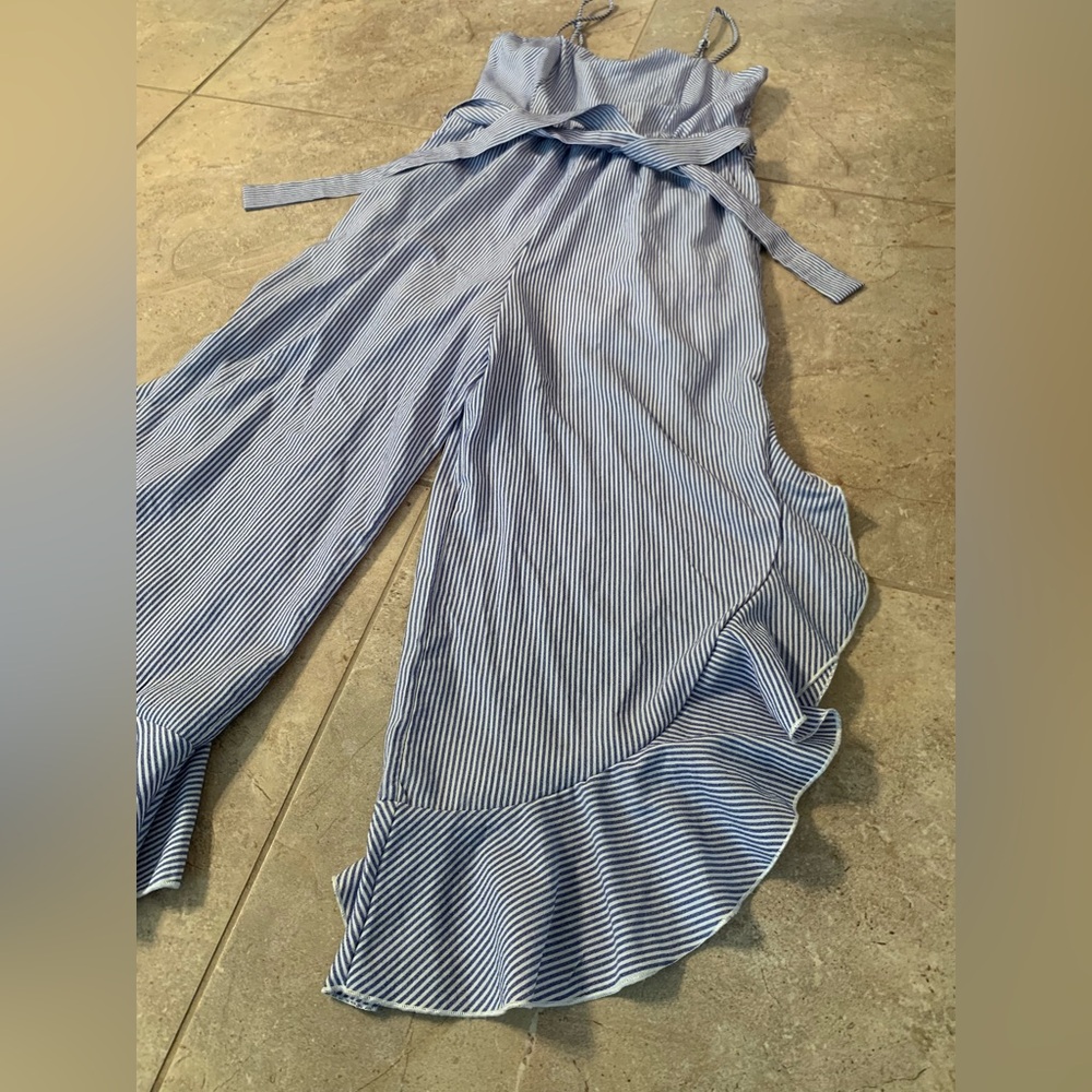 Purple Snow Striped Blue White Jumpsuit with Cropped Ruffle Hem - Size Medium - Picture 3 of 13